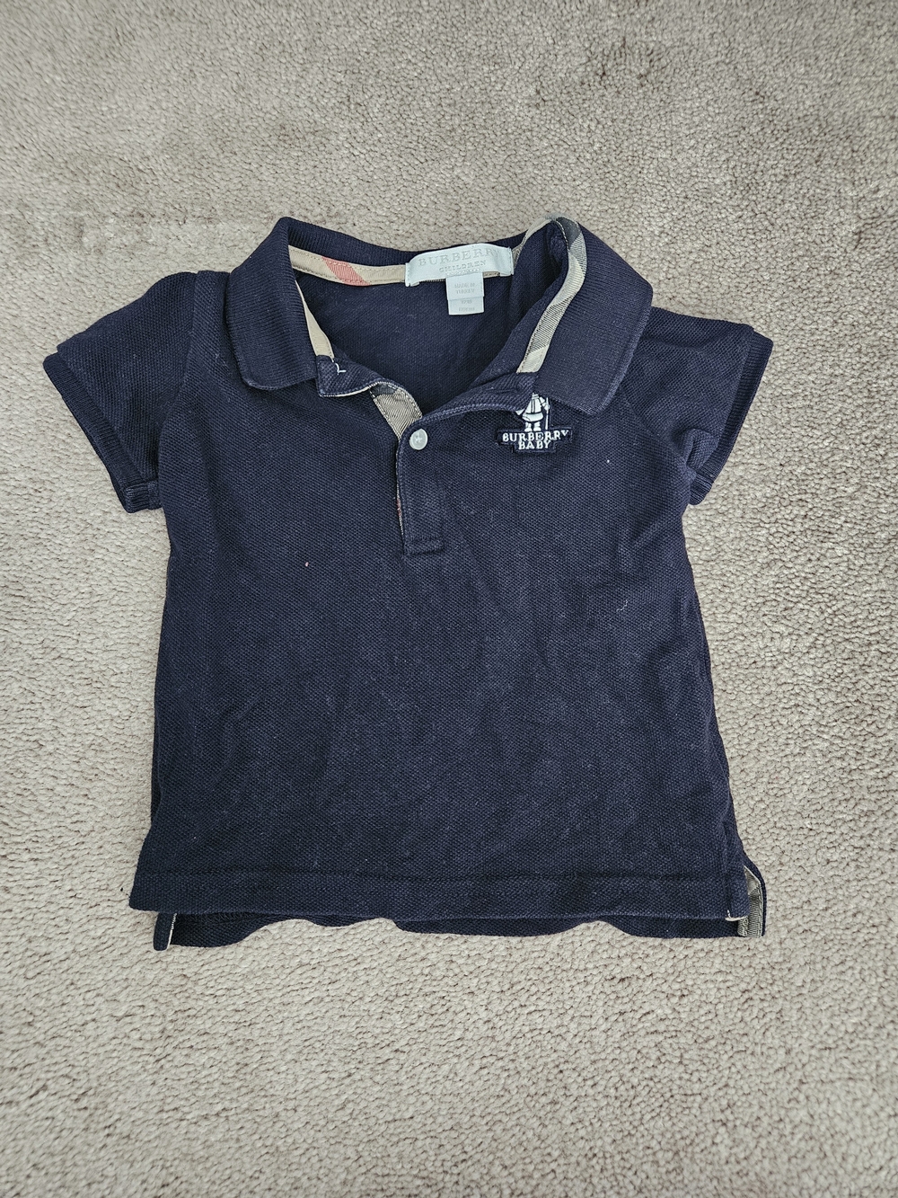 Burberry Navy Blue Polo with Check Trim